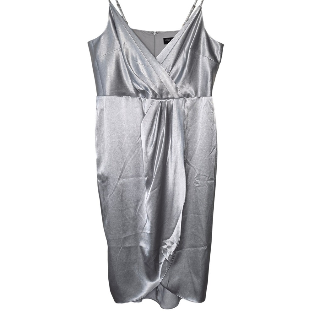 Lane Bryant Dress Womens 18 Silver Satin Faux Wrap Tulip Hem Cocktail Midi
